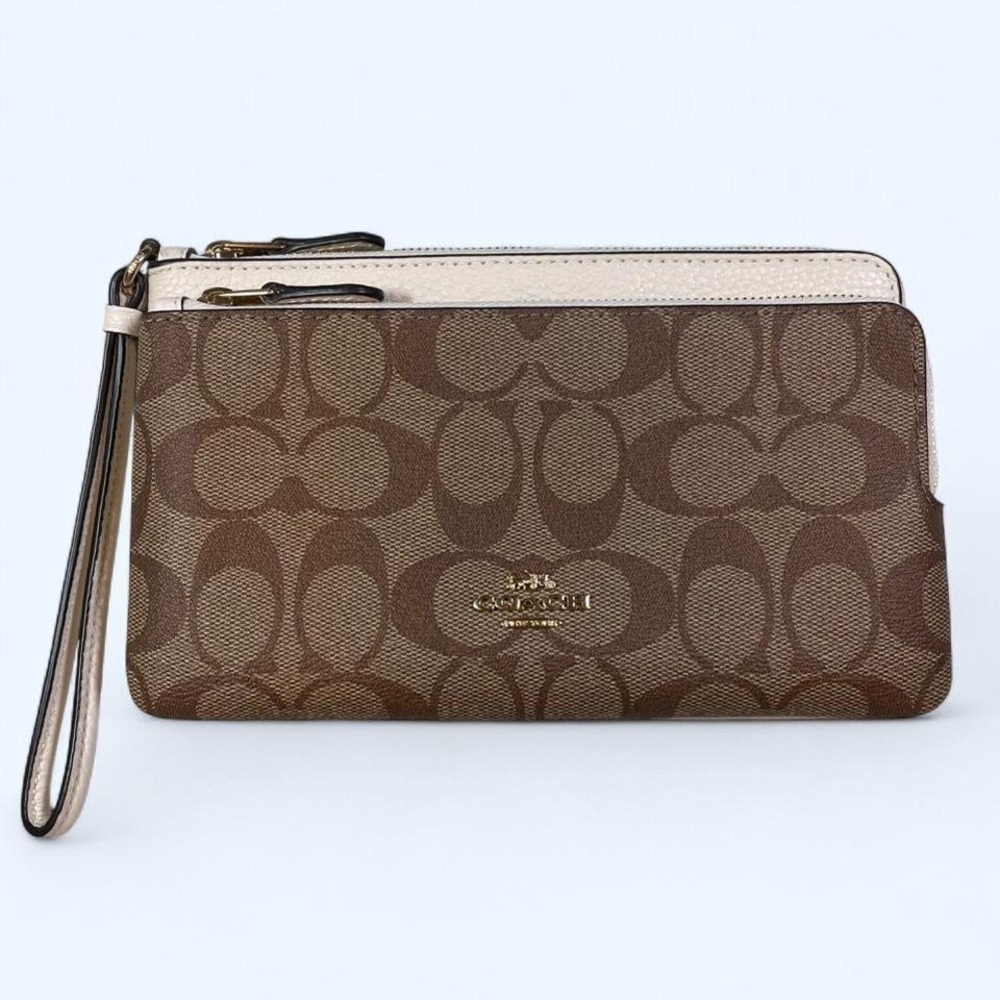 NWT COACH Double‎ Zip Wallet Signature Canvas Tan Brown Wristlet Wallet Clutch